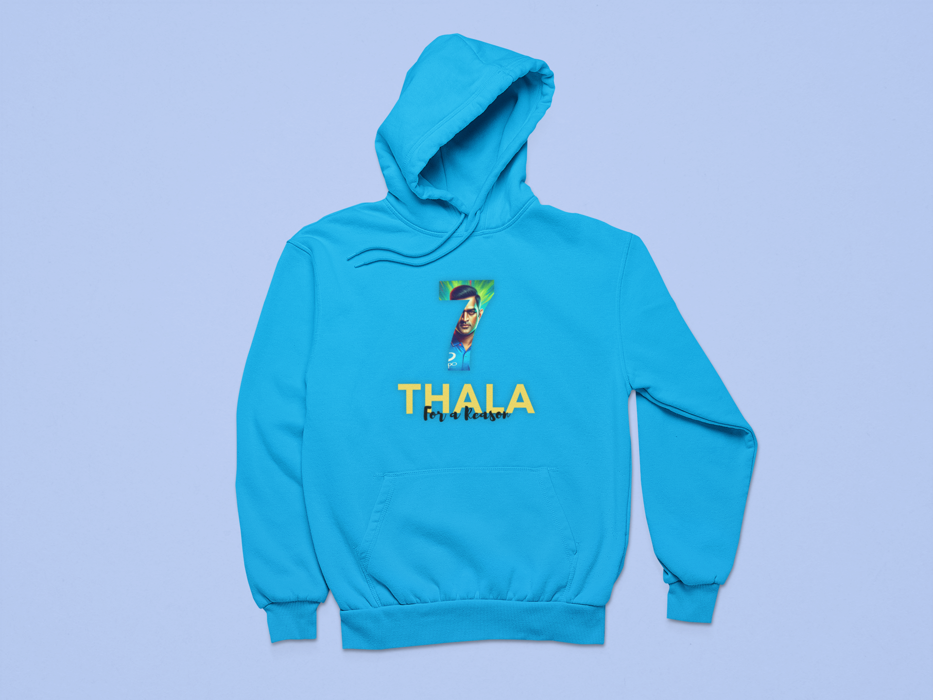 a blue sweatshirt with a picture of Thala for A Reason (MS Dhoni Hoodie) on it